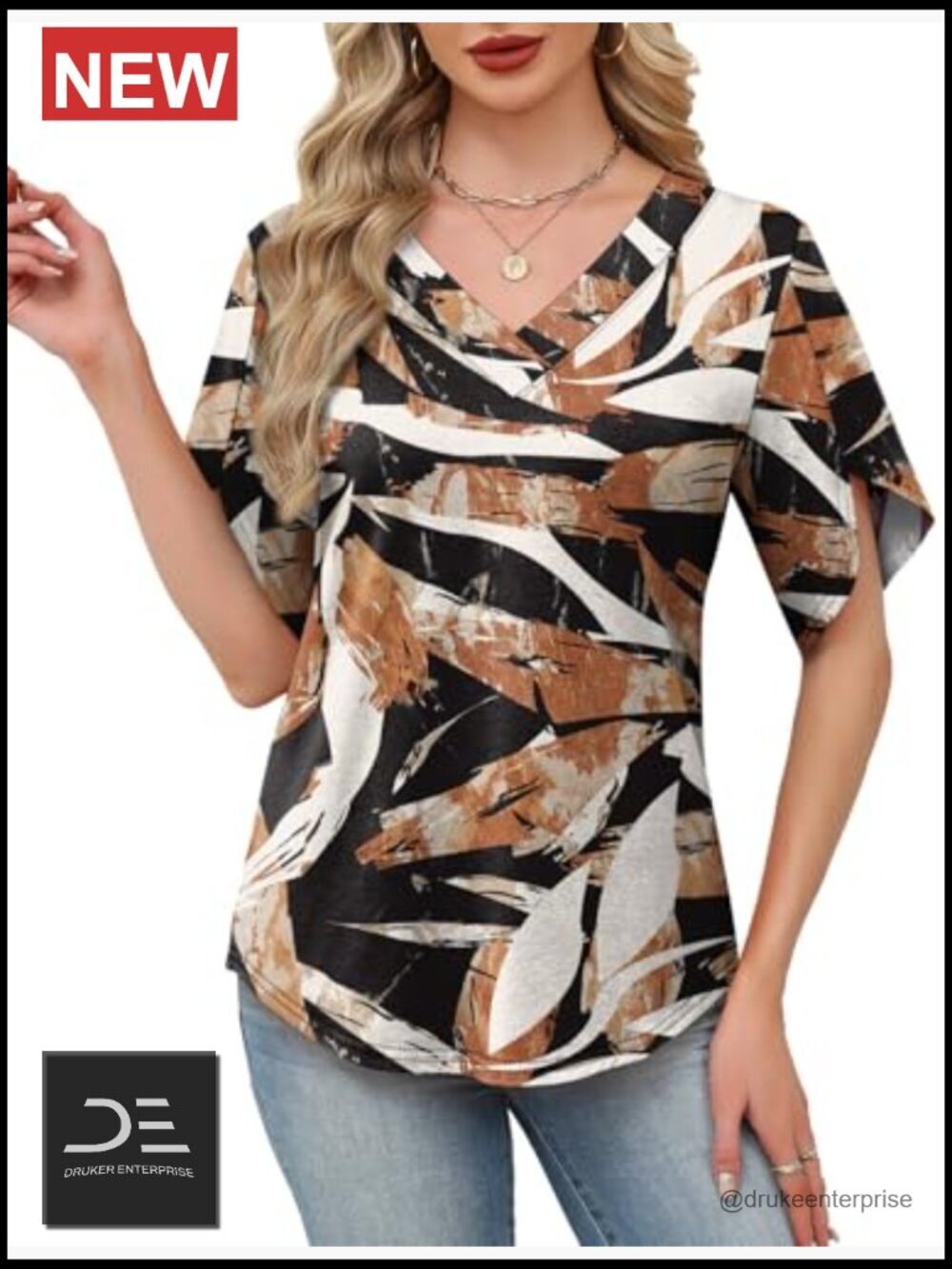 Women's Short Petal Sleeve V-Neck Blouse - Loose Fit Summer Top - Picture 3 of 7